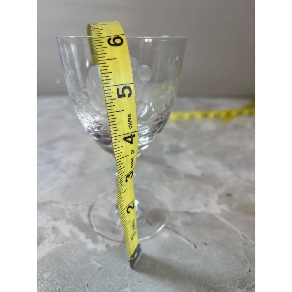 Vintage Etched Crystal Wine Goblet Floral Wheat Design Ball Stem 5.5 Inch‎